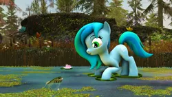 Size: 1920x1080 | Tagged: safe, artist:skyarrow, derpibooru import, oc, oc:aqua, unofficial characters only, earth pony, fish, pony, 3d, cute, female, filly, foal, image, lilypad, png, pond, realistic background, source filmmaker, tree, water
