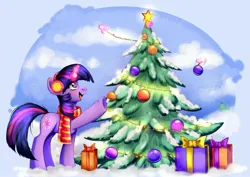 Size: 2048x1451 | Tagged: safe, artist:pozya1007, derpibooru import, twilight sparkle, pony, unicorn, christmas, christmas tree, clothes, earmuffs, eyebrows, eyebrows visible through hair, glow, glowing horn, holiday, horn, image, jpeg, levitation, magic, open mouth, open smile, present, scarf, smiling, solo, telekinesis, tree, unicorn twilight