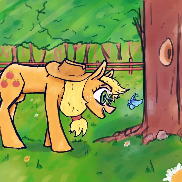 Size: 1024x1024 | Tagged: safe, artist:maso, derpibooru import, applejack, butterfly, earth pony, insect, pony, forest, glow, image, jpeg, looking at something, solo, sweet apple acres, tree