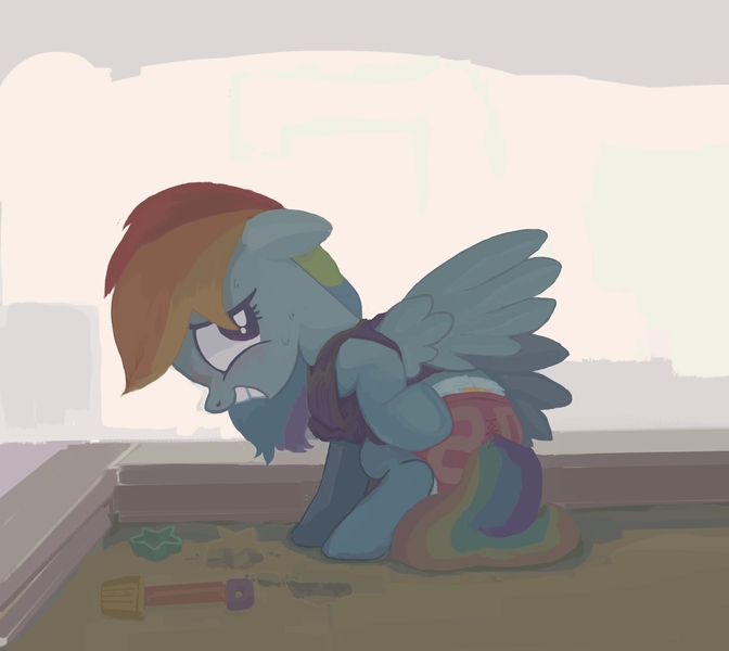 Size: 1909x1705 | Tagged: questionable, artist:asdfasfasda, derpibooru import, rainbow dash, pegasus, pony, abstract background, blushing, clothes, diaper, diaper fetish, diaper under clothes, embarrassed, fetish, image, jpeg, looking back, non-baby in diaper, sand, sandbox, sheepish grin, shirt, shorts, shovel, solo, sweat, sweatdrop, t-shirt, toy