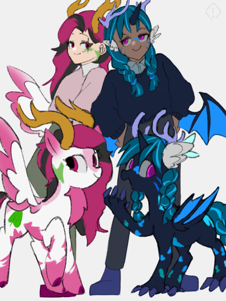 Size: 1536x2048 | Tagged: safe, artist:metaruscarlet, derpibooru import, oc, oc:blossom blaze, oc:neela, unofficial characters only, dracony, dragon, human, hybrid, kirin, pegasus, pony, zebra, boots, clothes, dark skin, denim, duo, eye scar, facial scar, female, horn, horned humanization, human ponidox, humanized, humanized oc, image, jeans, looking at each other, looking at someone, mare, markings, open mouth, pants, png, raised hoof, scar, self paradox, self ponidox, shirt, shoes, simple background, sweater, unshorn fetlocks, white background, winged humanization, wings