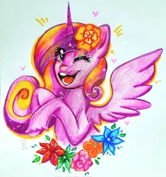 Size: 1925x2048 | Tagged: safe, artist:pozya1007, derpibooru import, princess cadance, alicorn, pony, eye clipping through hair, flower, flower in hair, happy, image, jpeg, looking at you, marker drawing, one eye closed, open mouth, open smile, smiling, solo, sparkles, spread wings, traditional art, unshorn fetlocks, wings, wink