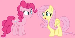 Size: 1128x582 | Tagged: safe, artist:jadeharmony, derpibooru import, fluttershy, pinkie pie, earth pony, pegasus, pony, duo, duo female, female, flutterpie, image, lesbian, mare, open mouth, open smile, pink background, png, shipping, simple background, smiling