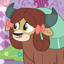 Size: 800x800 | Tagged: safe, derpibooru import, screencap, yona, yak, season 9, she's all yak, spoiler:s09, animated, bowtie, cute, female, gif, happy, image, licking, licking lips, monkey swings, smiling, solo, tongue out, yonadorable