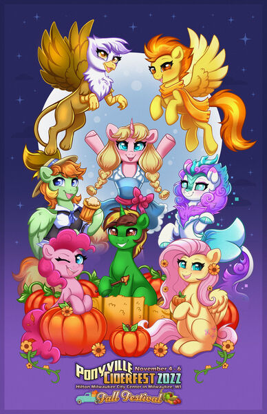 Size: 1280x1979 | Tagged: safe, artist:confetticakez, derpibooru import, fluttershy, gilda, pinkie pie, spitfire, oc, oc:barley tender, oc:caramel malt, oc:fizzy glitch, oc:thom zaler, earth pony, gryphon, kirin, pegasus, pony, unicorn, banner, ciderfest, clothes, dress, female, flower, flying, gradient background, hay bale, horn, image, kirin oc, male, mare, moon, paintbrush, pegasus oc, png, ponyville ciderfest, pumpkin, purple background, pvcf, simple background, stallion, text, unicorn oc, wings