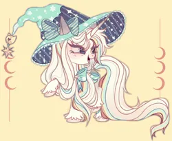 Size: 4560x3744 | Tagged: safe, artist:justsadluna, derpibooru import, oc, unofficial characters only, pony, unicorn, eyelashes, female, hat, horn, image, looking back, mare, png, raised hoof, smiling, solo, unicorn oc, unshorn fetlocks, witch hat