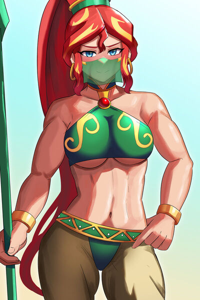 Size: 800x1200 | Tagged: suggestive, artist:tzc, derpibooru import, sunset shimmer, gerudo, human, equestria girls, abs, alternate hairstyle, belly button, blushing, bracelet, breasts, busty sunset shimmer, clothes, cosplay, costume, crossover, ear piercing, earring, female, humanized, image, jewelry, jpeg, mask, muscles, nintendo, piercing, ponytail, solo, solo female, spear, the legend of zelda, the legend of zelda: breath of the wild, underboob, weapon