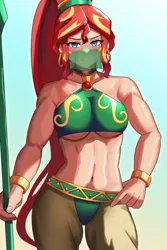 Size: 800x1200 | Tagged: suggestive, artist:tzc, derpibooru import, sunset shimmer, gerudo, human, abs, alternate hairstyle, belly button, blushing, bracelet, breasts, clothes, cosplay, costume, crossover, ear piercing, earring, female, humanized, image, jewelry, jpeg, mask, muscles, nintendo, piercing, ponytail, solo, solo female, spear, the legend of zelda, the legend of zelda: breath of the wild, underboob, weapon