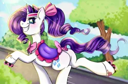 Size: 2048x1346 | Tagged: safe, artist:pozya1007, derpibooru import, rarity, pony, unicorn, blushing, bow, butt, grin, hair bow, headband, image, jpeg, plot, rearity, roller skates, saddle, skates, smiling, solo, tack, tail, tail bow