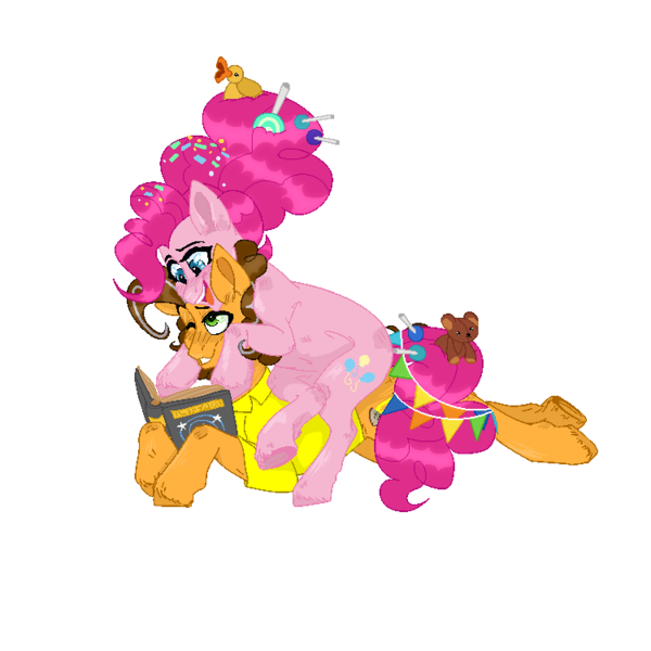Size: 750x750 | Tagged: safe, artist:kamokpushok, derpibooru import, cheese sandwich, pinkie pie, earth pony, pony, book, cheesepie, commission, cuddling, female, image, looking at each other, looking at someone, love, male, married couple, older, older cheese sandwich, older pinkie pie, png, shipping, straight, ych result, your character here