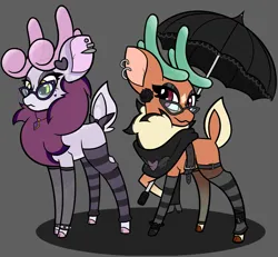 Size: 2855x2637 | Tagged: safe, artist:mrneo, derpibooru import, cashmere (tfh), oc, oc:mohair, deer, reindeer, them's fightin' herds, antlers, belt, black rose, bracelet, clothes, community related, duo, ear piercing, eyeshadow, fishnet clothing, fishnets, flower, glasses, goth, image, leg warmers, makeup, piercing, png, rose, scarf, spiked wristband, tfh oc, umbrella, wristband