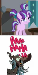 Size: 960x1904 | Tagged: safe, derpibooru import, edit, edited screencap, idw, screencap, queen chrysalis, starlight glimmer, pony, the cutie re-mark, abuse, cadance laughs at your misery, chrysalis laughs at your misery, crying, exploitable meme, female, filly, filly starlight glimmer, glimmerbuse, image, jpeg, meme, obligatory pony, sad, younger