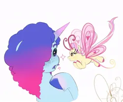 Size: 900x745 | Tagged: safe, artist:aztrial, derpibooru import, oc, breezie, pony, unicorn, g5, alternate hairstyle, breezie oc, duo focus, female, hair over one eye, image, jpeg, looking at each other, looking at someone, misty brightdawn, open mouth, simple background, smiling, surprised, white background