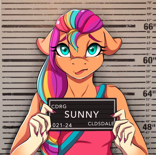 Size: 1508x1505 | Tagged: safe, artist:akaamaru2020, derpibooru import, sunny starscout, anthro, g5, barbie mugshot meme, clothes, female, image, jpeg, meme, mugshot, multicolored hair, rainbow hair, sad, solo, tongue out