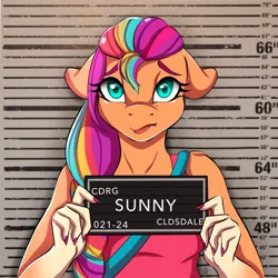 Size: 1508x1505 | Tagged: safe, artist:akaamaru2020, derpibooru import, sunny starscout, anthro, g5, barbie mugshot meme, clothes, female, image, jpeg, meme, mugshot, multicolored hair, rainbow hair, sad, solo, tongue out