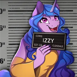 Size: 1508x1505 | Tagged: safe, artist:akaamaru2020, derpibooru import, izzy moonbow, anthro, g5, barbie mugshot meme, clothes, female, happy, horn, image, implied cloudsdale, izzybetes, jpeg, long hair, meme, mugshot, smiling, solo