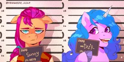 Size: 3112x1550 | Tagged: safe, artist:frank3dz, derpibooru import, izzy moonbow, sunny starscout, earth pony, pony, unicorn, g5, arrested, barbie mugshot meme, blushing, braid, cute, date (time), female, frown, grumpy, hair tie, happy, height scale, image, izzybetes, meme, mugshot, name, open smile, png, shadow, signature, smiling, unshorn fetlocks