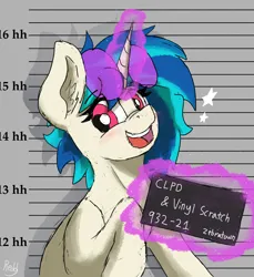 Size: 2228x2430 | Tagged: safe, artist:reddthebat, derpibooru import, vinyl scratch, pony, unicorn, barbie mugshot meme, female, glow, glowing horn, horn, image, jpeg, levitation, looking at you, magic, mare, meme, mugshot, open mouth, open smile, smiling, smiling at you, solo, sunglasses, sunglasses on head, telekinesis