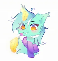 Size: 2054x2160 | Tagged: safe, artist:monphys, derpibooru import, lyra heartstrings, pony, unicorn, bust, candy, cheek fluff, clothes, cute, eye clipping through hair, female, food, glow, glowing horn, hand, horn, image, jpeg, lollipop, lyrabetes, magic, magic hands, mare, no pupils, portrait, scarf, simple background, smiling, solo, telekinesis, white background
