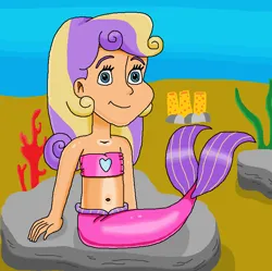 Size: 752x748 | Tagged: safe, artist:ocean lover, derpibooru import, princess skyla, human, mermaid, bandeau, bare shoulders, belly, belly button, blue eyes, boulder, child, coral, cute, female, fins, fish tail, happy, heart, human coloration, humanized, image, innocent, looking at you, mermaid princess, mermaid tail, mermaidized, mermay, midriff, ms paint, ocean, png, rock, sand, sitting, sleeveless, smiling, smiling at you, solo, species swap, sponge, strapless, tail, tail fin, two toned hair, underwater, water