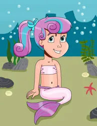 Size: 965x1250 | Tagged: safe, artist:ocean lover, derpibooru import, princess flurry heart, human, mermaid, starfish, bandeau, bare shoulders, belly, belly button, blue eyes, bow, bubble, cheerful, child, coral, cute, female, fins, fish tail, flurrybetes, hair bow, happy, human coloration, humanized, image, innocent, looking up, mermaid princess, mermaid tail, mermaidized, mermay, midriff, ms paint, ocean, png, ponytail, rock, sand, sitting, solo, species swap, strapless, tail, tail fin, two toned tail, underwater, water