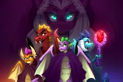 Size: 1618x1080 | Tagged: safe, artist:buvanybu, derpibooru import, garble, princess ember, smolder, spike, dragon, g5, adult, adult spike, bloodstone scepter, cloak, clothes, dragon lord ember, dragoness, female, group shot, image, male, older, older spike, opaline arcana, png, webcomic:dragon's odyssey