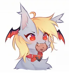 Size: 2054x2160 | Tagged: safe, artist:monphys, derpibooru import, derpy hooves, pony, bat wings, bust, cheek fluff, chest fluff, collar, cute, derpabetes, ear tufts, eating, fangs, food, head wings, image, jpeg, mouth hold, no pupils, simple background, solo, white background, wings