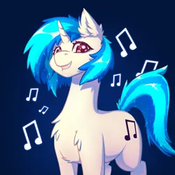 Size: 3000x3000 | Tagged: safe, artist:scorpomane, derpibooru import, vinyl scratch, pony, unicorn, blue background, chest fluff, ear fluff, female, grin, image, jpeg, looking at you, mare, missing accessory, music notes, simple background, smiling, solo