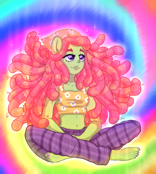 Size: 2685x3000 | Tagged: safe, artist:ponykittenboi, derpibooru import, tree hugger, equestria girls, barefoot, belly button, clothes, cross legged, derpibooru exclusive, dreadlocks, equestria girls-ified, feet, female, floating, flowing hair, glow, image, lidded eyes, looking up, midriff, nail polish, pants, png, ponied up, pony ears, short shirt, solo, sparkles, sweatpants, tiedye, toenail polish