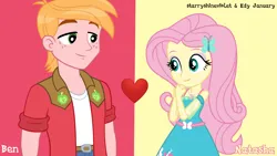 Size: 1920x1080 | Tagged: safe, anonymous artist, artist:edy_january, artist:starryshineviolet, derpibooru import, edit, vector edit, big macintosh, fluttershy, human, series:romantic and jackass, series:romantic stories, equestria girls, duo, female, fluttermac, fluttershy boho dress, geode of fauna, heart, image, looking at each other, looking at someone, love, magical geodes, male, png, red background, romance, romantic, shipping, simple background, smiling, smiling at each other, straight, vector, vector used, wallpaper, yellow background