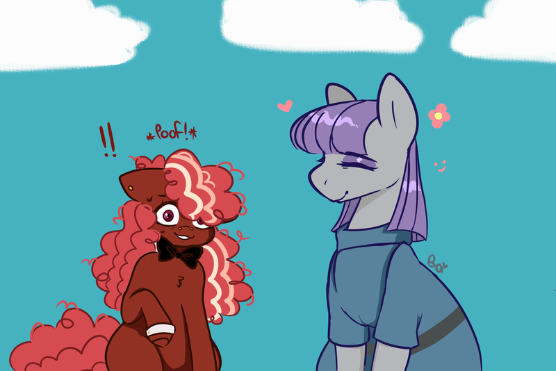 Size: 1280x854 | Tagged: safe, artist:snansswap, derpibooru import, maud pie, oc, oc:tuxedo cake, earth pony, pony, aunt and niece, bowtie, duo, exclamation point, female, flower, image, like mother like daughter, like parent like child, mare, nose piercing, offspring, parent:cheese sandwich, parent:pinkie pie, parents:cheesepie, piercing, png, poofy mane, sky, smiling, when she smiles