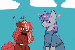 Size: 1280x854 | Tagged: safe, artist:snansswap, derpibooru import, maud pie, oc, oc:tuxedo cake, earth pony, pony, aunt and niece, bowtie, duo, exclamation point, female, flower, image, like mother like daughter, like parent like child, mare, nose piercing, offspring, parent:cheese sandwich, parent:pinkie pie, parents:cheesepie, piercing, png, poofy mane, sky, smiling, when she smiles