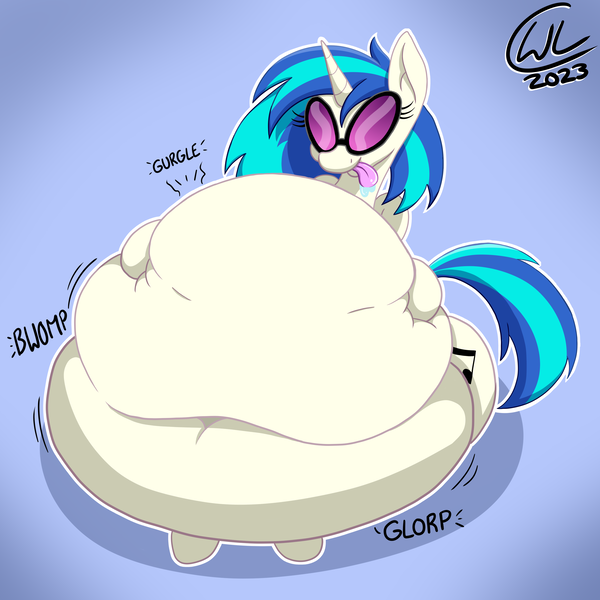 Size: 3000x3000 | Tagged: questionable, artist:lukewarmluke, derpibooru import, vinyl scratch, pony, unicorn, belly, big belly, digital art, fat, gurgling, horn, huge belly, image, implied vore, impossibly large belly, large belly, png, simple background, tongue out, vinyl fat