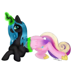 Size: 1300x1300 | Tagged: safe, artist:cakeshake22, derpibooru import, princess cadance, queen chrysalis, alicorn, changeling, changeling queen, pony, fake cadance, female, glow, glowing horn, horn, image, mid-transformation, png, simple background, solo, transparent background
