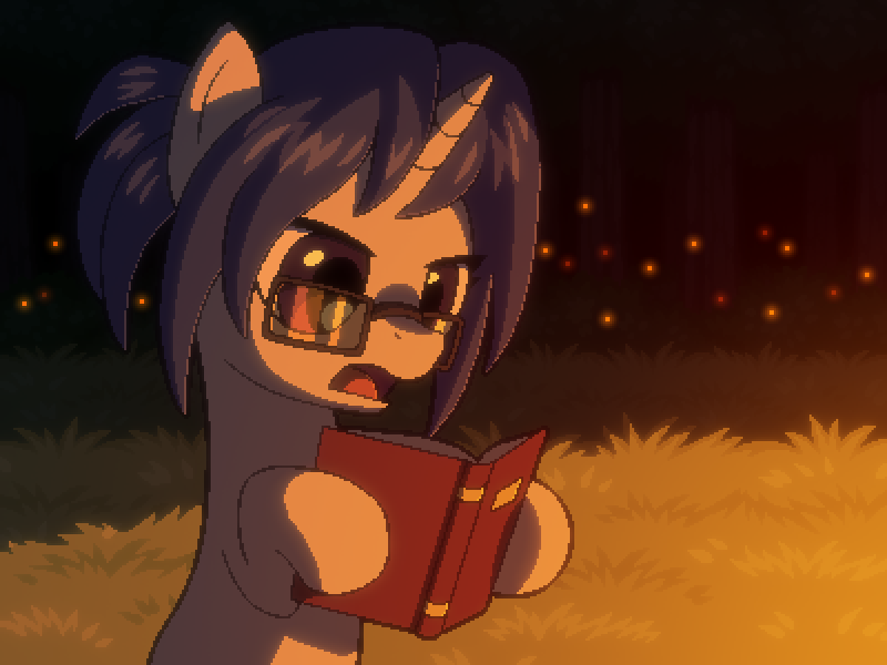Size: 800x600 | Tagged: safe, artist:rangelost, derpibooru import, oc, oc:plume, unofficial characters only, pony, unicorn, cyoa:d20 pony, book, campfire, cyoa, glasses, horn, image, night, offscreen character, pixel art, png, reading, solo, story included, unicorn oc