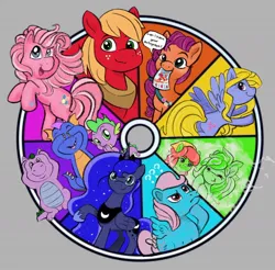 Size: 1258x1239 | Tagged: safe, artist:amynewblue, derpibooru import, big macintosh, master kenbroath gilspotten heathspike, pinkie pie (g3), princess luna, spike, spike (g1), sunny starscout, tree hugger, alicorn, dragon, earth pony, pegasus, pony, g1, g3, g5, bow, color wheel, covering ears, covering eyes, covering mouth, female, flyer, g4, gray background, image, jpeg, male, mare, mouth hold, simple background, stallion, tail, tail bow