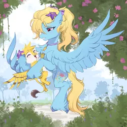 Size: 2000x2000 | Tagged: safe, artist:spoosha, derpibooru import, oc, oc:beaky, oc:brave blossom, unofficial characters only, gryphon, pony, fanfic:yellow feathers, bush, cute, cutie mark, derpibooru exclusive, duo, female, filly, flower, foal, grass, griffon oc, high res, holding, hug, image, male, mother and child, mother and son, ocbetes, paws, png, pony oc, tree