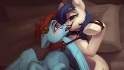 Size: 1785x1004 | Tagged: suggestive, artist:amishy, derpibooru import, oc, unofficial characters only, earth pony, pegasus, duo, image, kissing, leash, pet play, png, tongue play