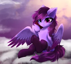 Size: 3493x3151 | Tagged: safe, artist:empress-twilight, derpibooru import, oc, oc:veen, unofficial characters only, pegasus, pony, chest fluff, clothes, cloud, cute, eye clipping through hair, eyebrows, eyebrows visible through hair, female, heterochromia, high res, image, looking at you, mare, ocbetes, on a cloud, pegasus oc, png, sitting, smiling, smiling at you, socks, solo, spread wings, thigh highs, underhoof, wings