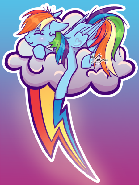 Size: 800x1067 | Tagged: safe, artist:lailyren, derpibooru import, rainbow dash, pegasus, pony, cloud, female, gradient background, image, mare, on a cloud, png, rainbow dash's cutie mark, sleeping, sleeping on a cloud, solo