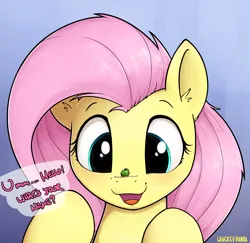 Size: 2122x2059 | Tagged: safe, artist:whiskeypanda, derpibooru import, fluttershy, insect, pegasus, pony, bust, image, insect on nose, open mouth, png, signature, simple background, smiling, speech bubble