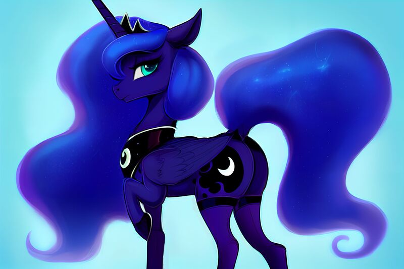 Size: 2304x1536 | Tagged: safe, derpibooru import, machine learning generated, stable diffusion, princess luna, alicorn, pony, ai content, butt, clothes, crown, derpibooru exclusive, ethereal mane, ethereal tail, female, generator:pony diffusion v4, image, jewelry, jpeg, looking at you, mare, peytral, prompter:siber, raised hoof, raised tail, regalia, socks, solo, stockings, tail, thigh highs