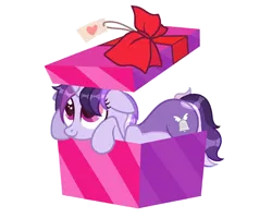 Size: 2500x2000 | Tagged: safe, artist:sarahsuresh-art, derpibooru import, oc, oc:dreaming bell, unofficial characters only, pony, unicorn, birthday, box, cute, female, horn, image, mare, ocbetes, png, pony in a box, simple background, transparent background, two toned coat, unicorn oc
