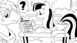 Size: 900x506 | Tagged: safe, derpibooru import, big macintosh, twilight sparkle, twilight sparkle (alicorn), ponified, alicorn, pony, bench, book, image, meme, monochrome, png, ponified meme, pony-berserker's twitter sketches, pony-berserker's twitter sketches (2023), reference