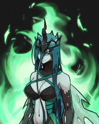 Size: 1920x2407 | Tagged: suggestive, artist:guyser3, derpibooru import, queen chrysalis, human, breasts, bust, busty queen chrysalis, crown, female, fire background, humanized, image, jewelry, jpeg, lidded eyes, looking at you, portrait, regalia, smiling, smirk, solo, solo female, winged humanization, wings