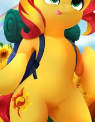 Size: 991x1269 | Tagged: safe, artist:darksly, derpibooru import, edit, sunset shimmer, pony, unicorn, backpack, belly, bipedal, cropped, flower, image, jpeg, pictures of bellies, solo, sunflower, tongue out