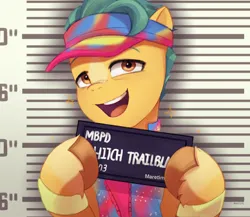 Size: 2358x2048 | Tagged: safe, artist:maren, derpibooru import, hitch trailblazer, earth pony, pony, g5, barbie, barbie mugshot meme, clothes, hat, image, ken, male, markings, meme, mugshot, open mouth, png, solo, stallion, unshorn fetlocks, vest