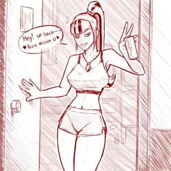 Size: 1920x1920 | Tagged: safe, artist:guyser3, derpibooru import, sonata dusk, equestria girls, beer can, belly button, blushing, breasts, busty sonata dusk, clothes, doorway, drunk bubbles, female, gem, image, jpeg, monochrome, shorts, siren gem, sketch, smiling, solo, speech bubble, sports shorts, talking to viewer, tanktop, tipsy