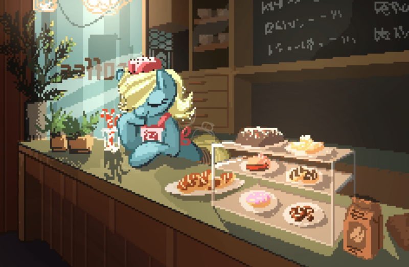 Size: 1920x1256 | Tagged: safe, artist:niehuaisang, derpibooru import, oc, unofficial characters only, earth pony, pony, apron, clothes, earth pony oc, eyes closed, food, hat, image, indoors, pastries, pixel art, png, potted plant, solo