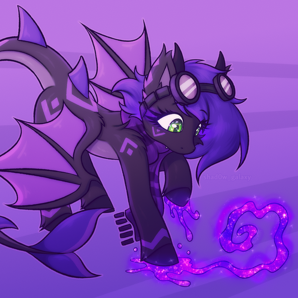 Size: 2500x2500 | Tagged: safe, artist:shad0w-galaxy, derpibooru import, oc, oc:raven stargazer, unofficial characters only, dragon, hybrid, pony, shark, body markings, clothes, commission, cute, dragon wings, fins, fish tail, goggles, high res, hooves, horns, hybrid oc, image, magic, png, raised hoof, scarf, shark tail, solo, starry eyes, tail, tooth, wingding eyes, wings, ych result